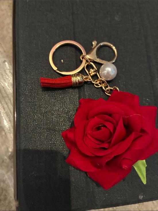 Accessories - Red Rose Keychain with Gold Hardware and Pearl Accent